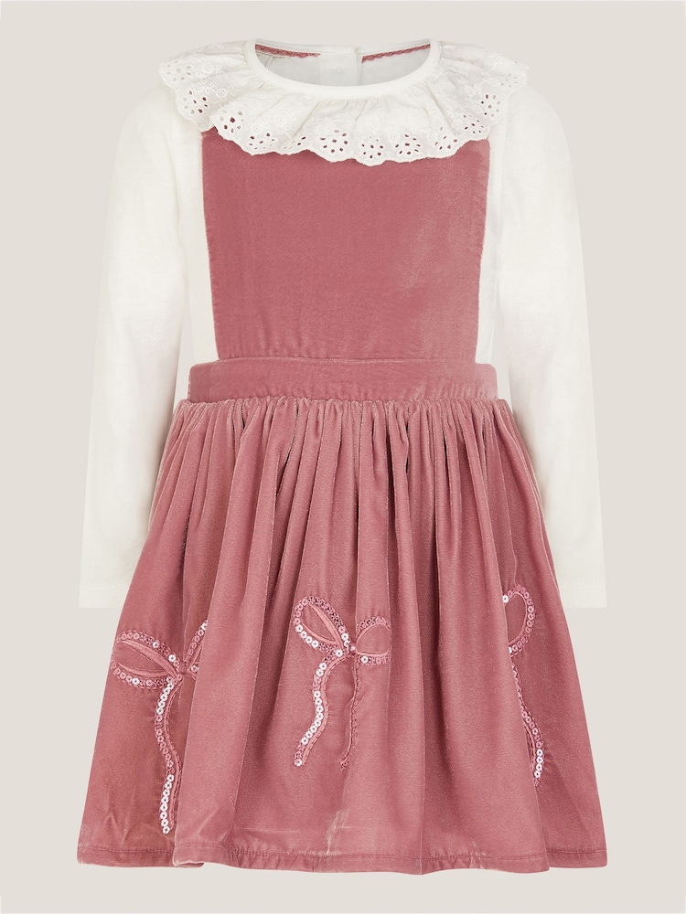 Monsoon Pink Baby Broderie Top & Bow Pinafore Dress Set - Image 1 of 3