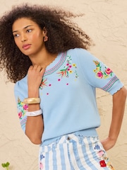 Love & Roses Pale Blue Flower Embroidered Detail Knitted Short Sleeve Top - Image 1 of 4