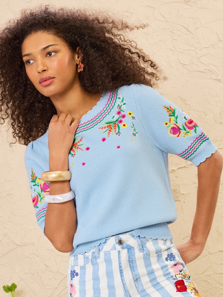 Love & Roses Pale Blue Flower Embroidered Detail Knitted Short Sleeve Top - Image 1 of 4