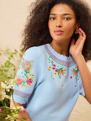 Love & Roses Pale Blue Flower Embroidered Detail Knitted Short Sleeve Top - Image 2 of 4