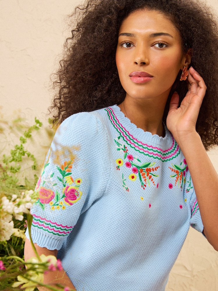Love & Roses Pale Blue Flower Embroidered Detail Knitted Short Sleeve Top - Image 2 of 4