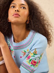 Love & Roses Pale Blue Flower Embroidered Detail Knitted Short Sleeve Top - Image 4 of 4