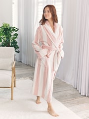 Chelsea Peers White Fleece Stripe Dressing Gown - Dusky Pink - Image 1 of 5