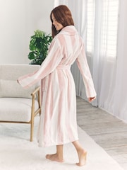 Chelsea Peers White Fleece Stripe Dressing Gown - Dusky Pink - Image 4 of 5