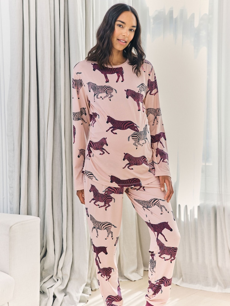 Chelsea Peers Pink Maternity Zebra Print Long Pyjamas Set - Image 2 of 6 Chelsea Peers Pink Maternity Zebra Print Long Pyjamas Set - Image 2 of 6