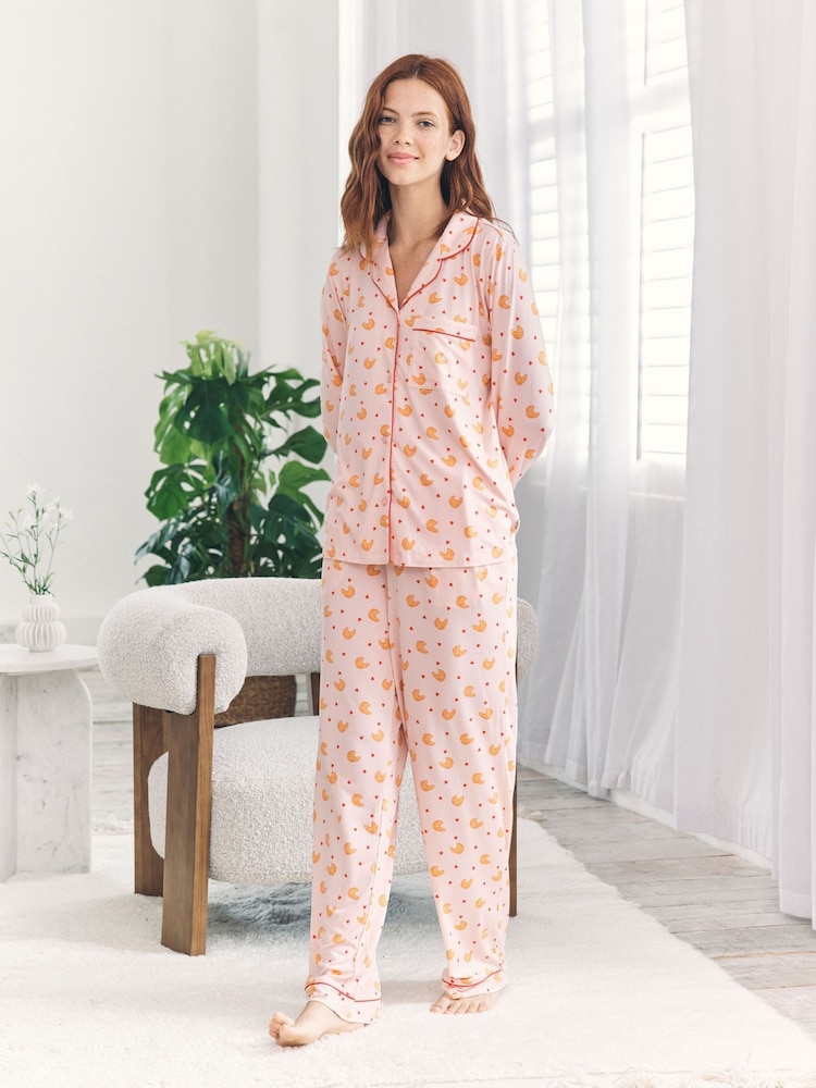 Chelsea Peers Pink Croissant Print Long Pyjamas Set - Image 1 of 5 Chelsea Peers Pink Croissant Print Long Pyjamas Set - Image 1 of 5