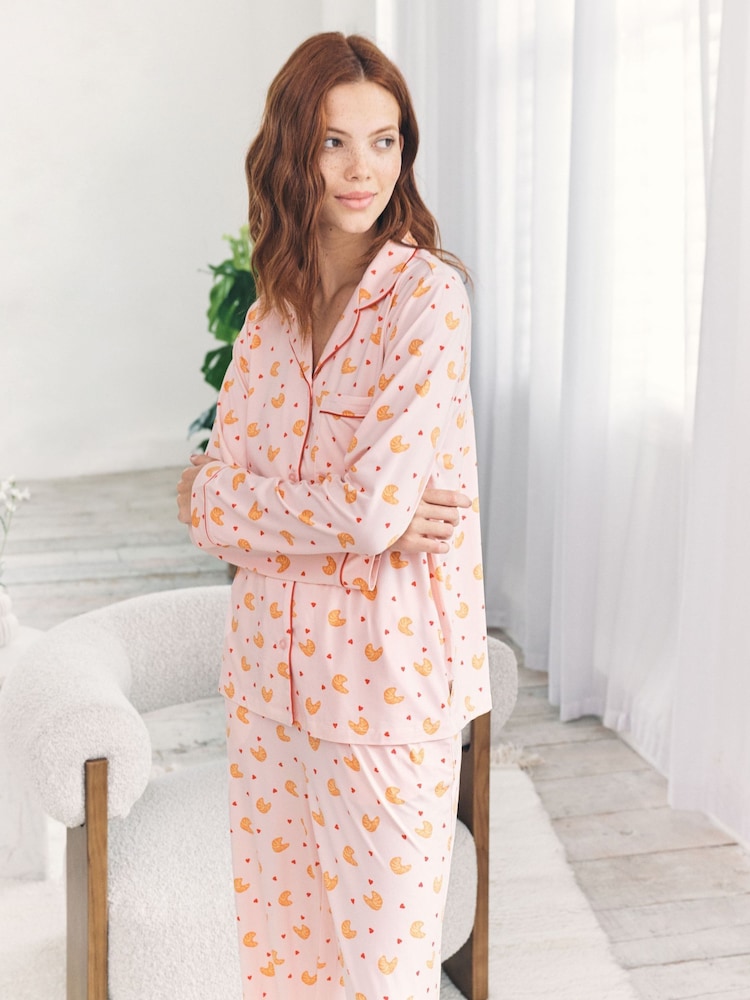 Chelsea Peers Pink Croissant Print Long Pyjamas Set - Image 2 of 5 Chelsea Peers Pink Croissant Print Long Pyjamas Set - Image 2 of 5