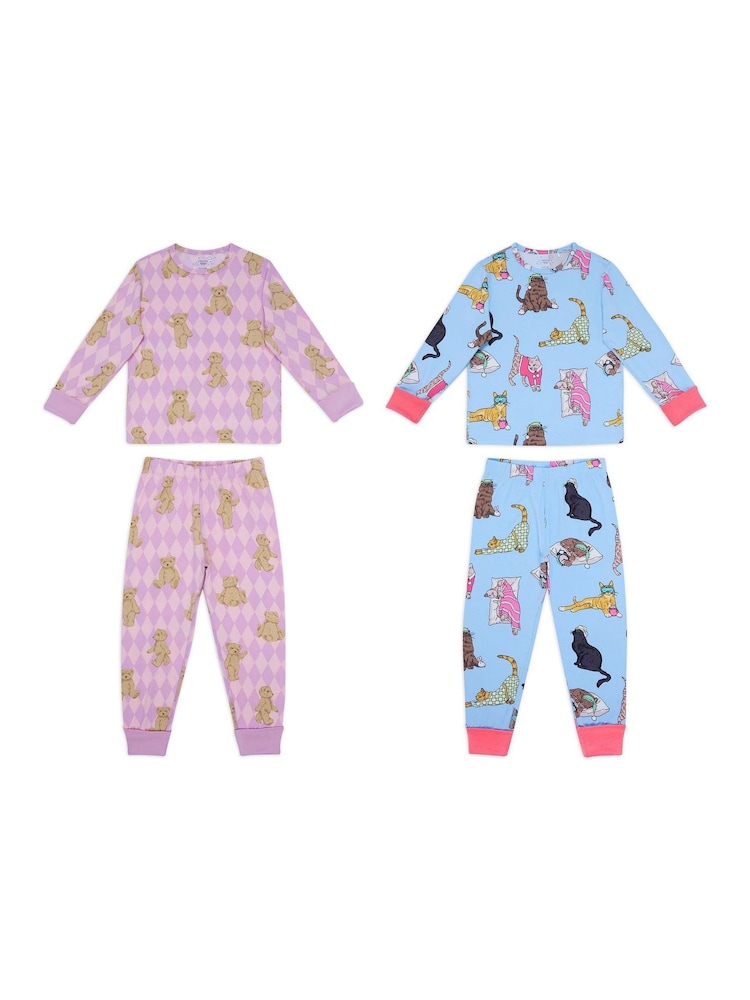 Chelsea Peers Kids 2 Pack Argyle Bear Sleepy Cats Print Long Pyjama Set - صورة 2 من 4 Chelsea Peers Kids 2 Pack Argyle Bear Sleepy Cats Print Long Pyjama Set - صورة 2 من 4