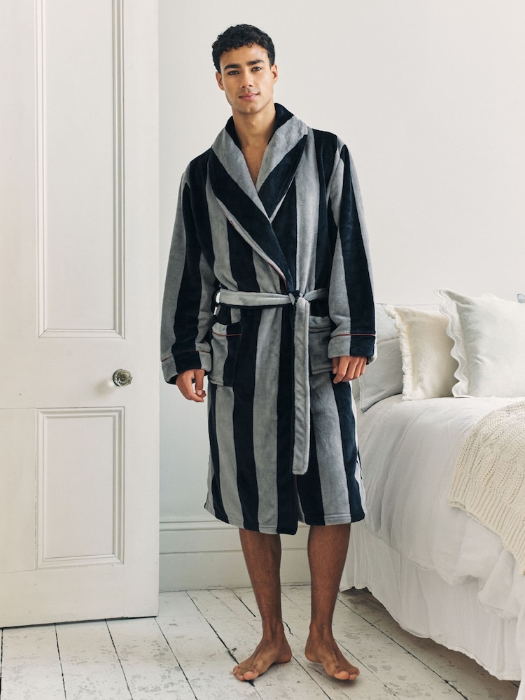 Chelsea Peers Blue Fleece Stripe Dressing Gown - Image 1 of 5 Chelsea Peers Blue Fleece Stripe Dressing Gown - Image 1 of 5