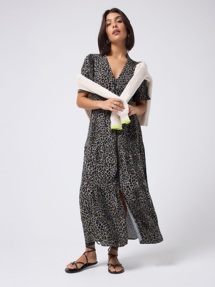 SCAMP & DUDE Brown Zip Front Midi Tiered Dress with Wild Leopard and Lightning Bolt - Image 1 of 5