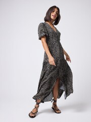 SCAMP & DUDE Brown Zip Front Midi Tiered Dress with Wild Leopard and Lightning Bolt - Image 2 of 5