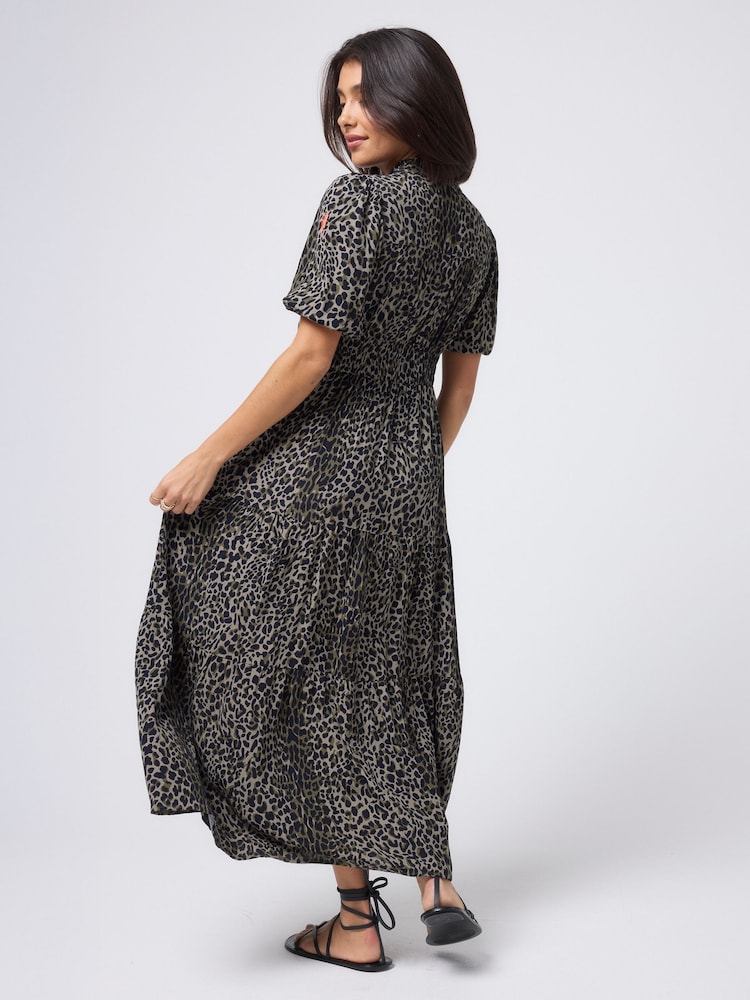 SCAMP & DUDE Brown Zip Front Midi Tiered Dress with Wild Leopard and Lightning Bolt - Image 5 of 5