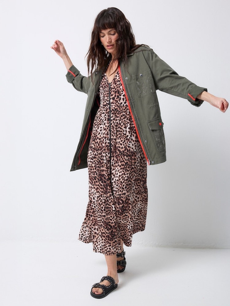 SCAMP & DUDE Zip Front Midi Tiered Dress with Cheetah Leopard and Lightning Bolt - Imagem 1 de 5