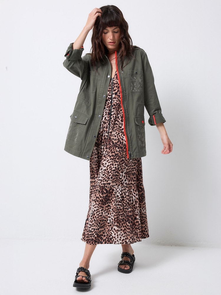 SCAMP & DUDE Natural Zip Front Midi Tiered Dress with Cheetah Leopard and Lightning Bolt - Image 2 of 5 SCAMP & DUDE Natural Zip Front Midi Tiered Dress with Cheetah Leopard and Lightning Bolt - Image 2 of 5