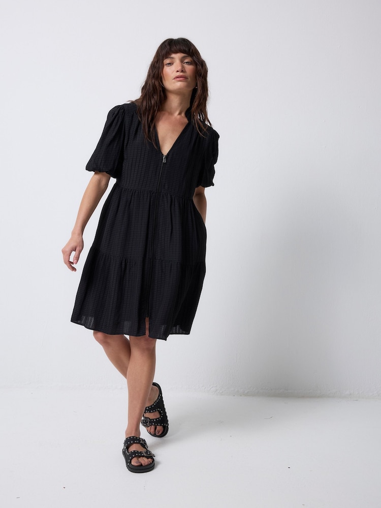 SCAMP & DUDE Black Zip Front Short Tiered Dress Textured - Image 1 of 5