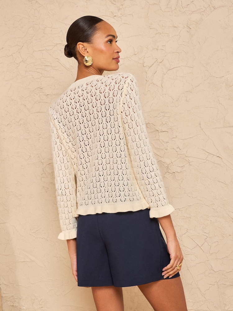 Cream - Love & Roses Frill Detail Knitted Cardigan - Bild 2 von 4