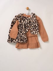 Miss Faux Fur Gilet Muslin Brown Top and Skirt with Bag Set - Image 5 of 7