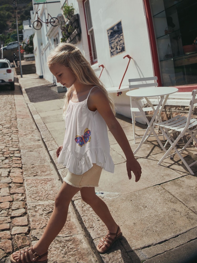 White Tropical Embroidery Strappy Dippy Hem Top (3-16yrs) - Image 2 of 5