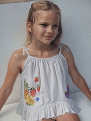 White Tropical Embroidery Strappy Dippy Hem Top (3-16yrs) - Image 3 of 5