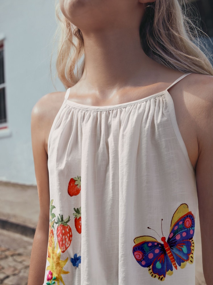 White Tropical Embroidery Strappy Dippy Hem Top (3-16yrs) - Image 5 of 5