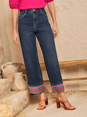Mid Blue Ric Rac Trim - Blugi largi scurtați Love & Roses cu nervuri - Imaginea 1 din 4