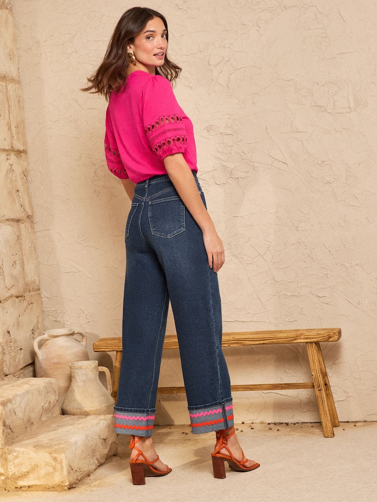 Mid Blue Ric Rac Trim - Blugi largi scurtați Love & Roses cu nervuri - Imaginea 2 din 4