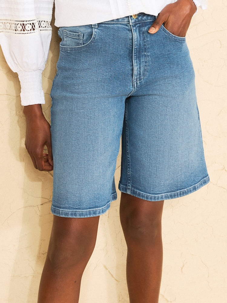 Love & Roses Mid Blue Petite Plait Waistband Denim Bermuda Shorts - Image 1 of 4