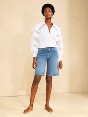 Love & Roses Mid Blue Petite Plait Waistband Denim Bermuda Shorts - Image 3 of 4