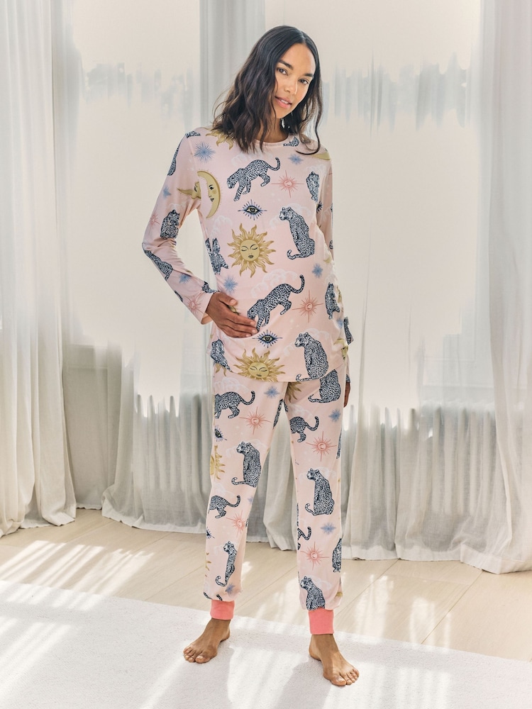 Chelsea Peers Pink Maternity Celestial Leopard Print Long Pyjamas Set - Image 1 of 7