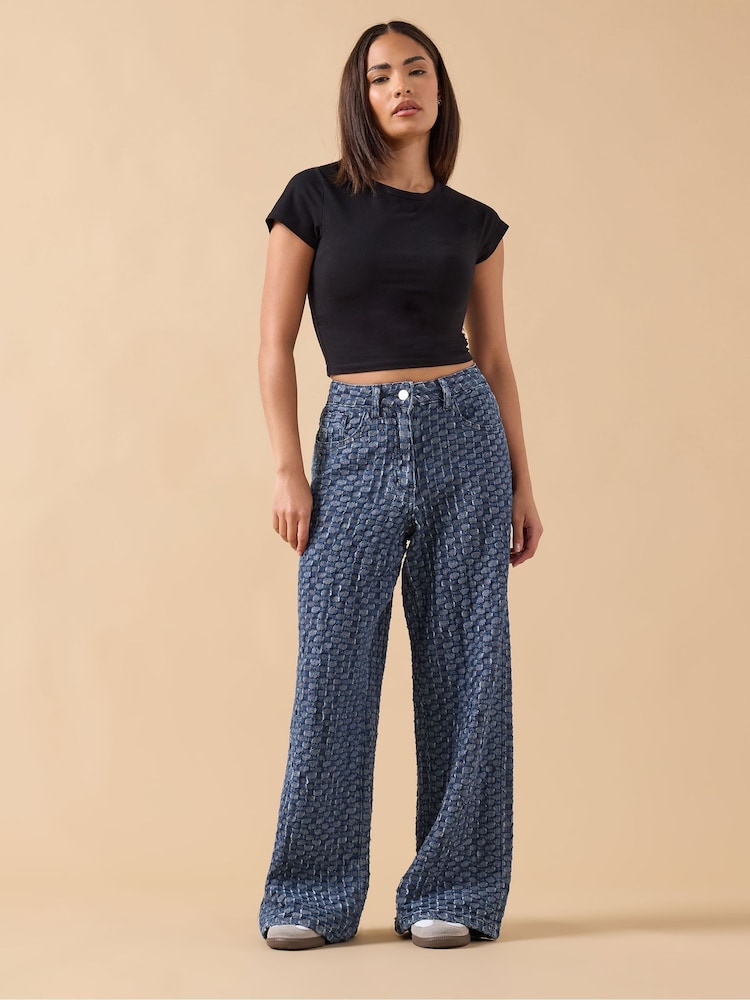 PixieGirl Petite Blue Textured Wide Leg Jeans - Image 1 of 5 PixieGirl Petite Blue Textured Wide Leg Jeans - Image 1 of 5