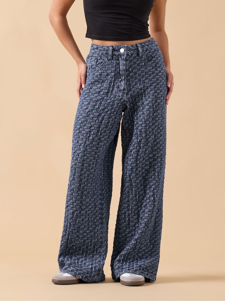 PixieGirl Petite Blue Textured Wide Leg Jeans - Image 2 of 5 PixieGirl Petite Blue Textured Wide Leg Jeans - Image 2 of 5
