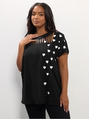 Yours Curve Black Printed Heart Slash Top - Image 1 of 5