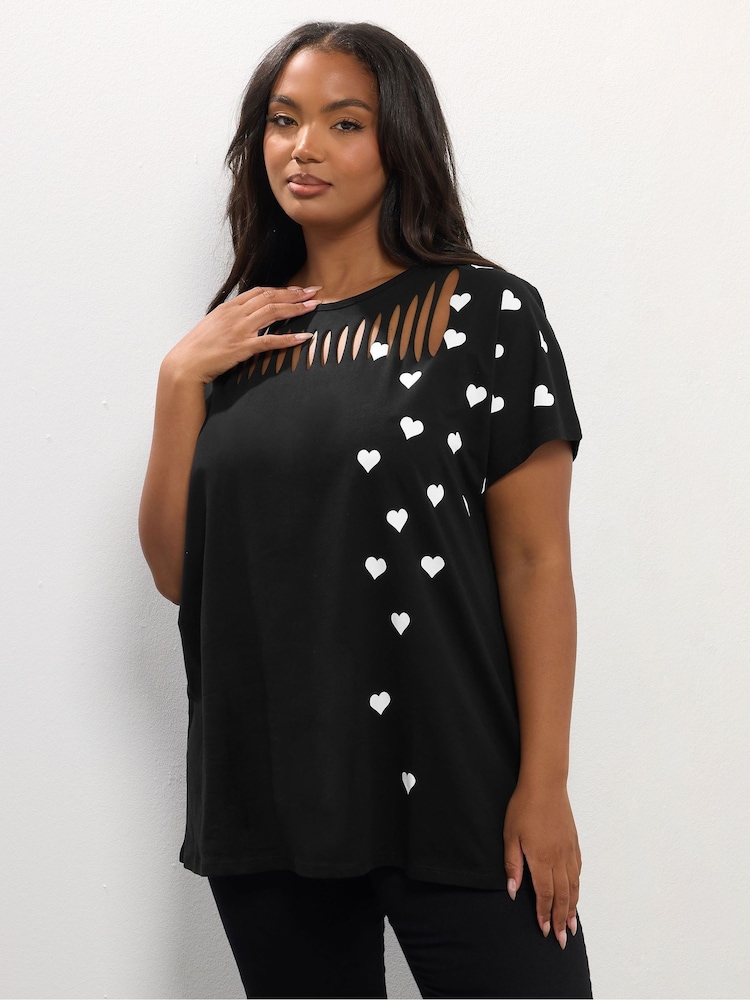 Yours Curve Black Printed Heart Slash Top - Image 1 of 5