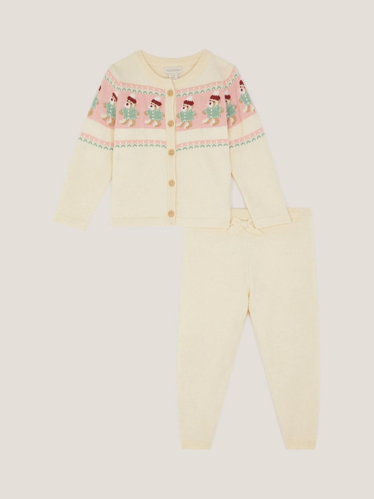 Monsoon Cream Newborn Teddy Fair Isle Cardigan & Leggings Set - Image 1 of 3 Monsoon Cream Newborn Teddy Fair Isle Cardigan & Leggings Set - Image 1 of 3