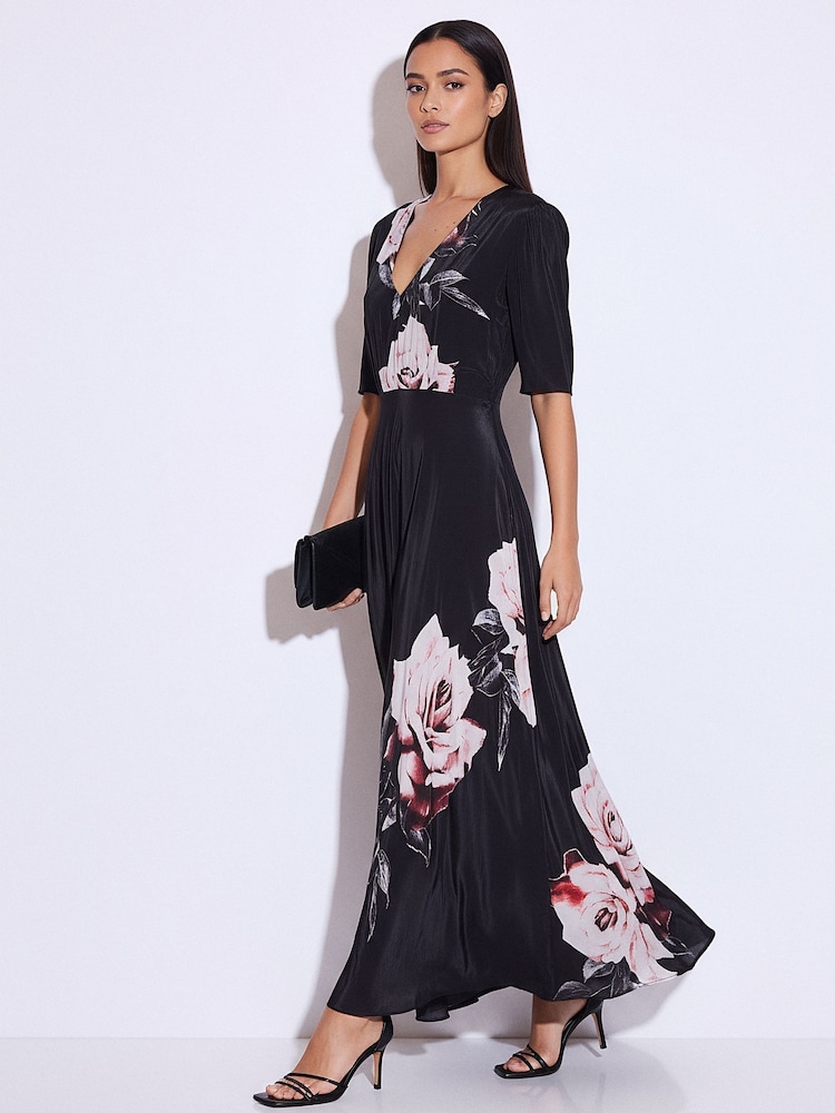Religion Rose Pink Short Sleeved Diana Maxi Tea Dress With Large Rose Placement Print In Cupro - Image 1 of 5 Religion Rose Pink Short Sleeved Diana Maxi Tea Dress With Large Rose Placement Print In Cupro - Image 1 of 5