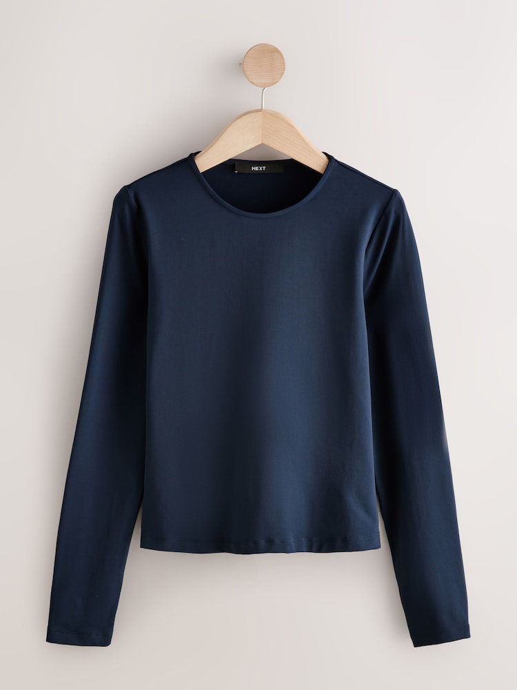 Marinha - Blusa de manga comprida com decote redondo e náilon macio e justo - Imagem 1 de 3 Marinha - Blusa de manga comprida com decote redondo e náilon macio e justo - Imagem 1 de 3