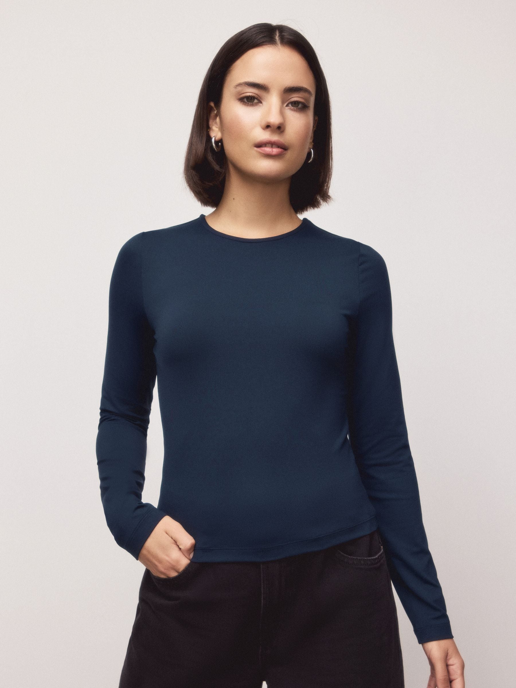 Buy Navy Soft Touch Slinky Nylon Crew Neck Long Sleeve Top from