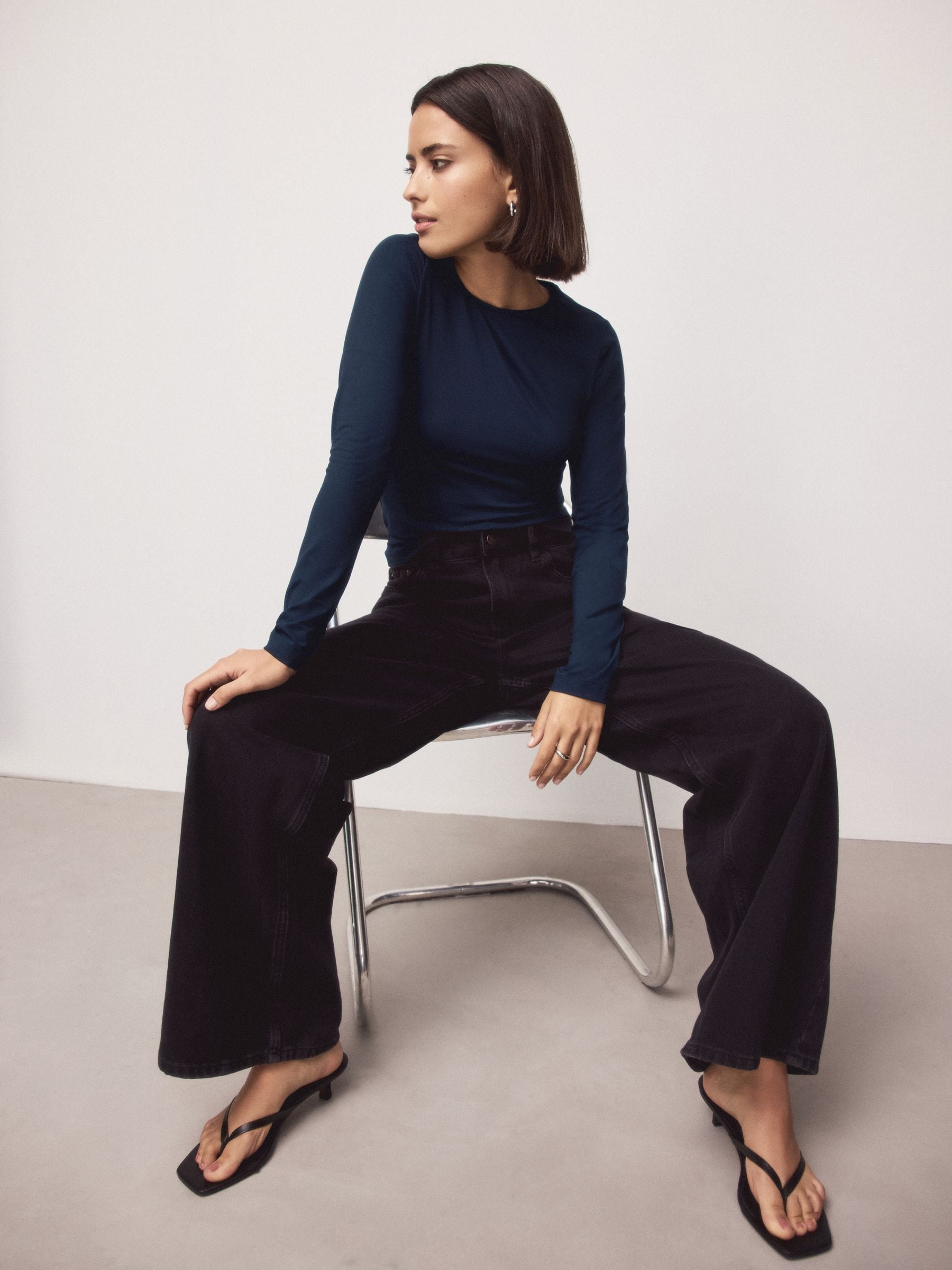 Buy Navy Soft Touch Slinky Nylon Crew Neck Long Sleeve Top from