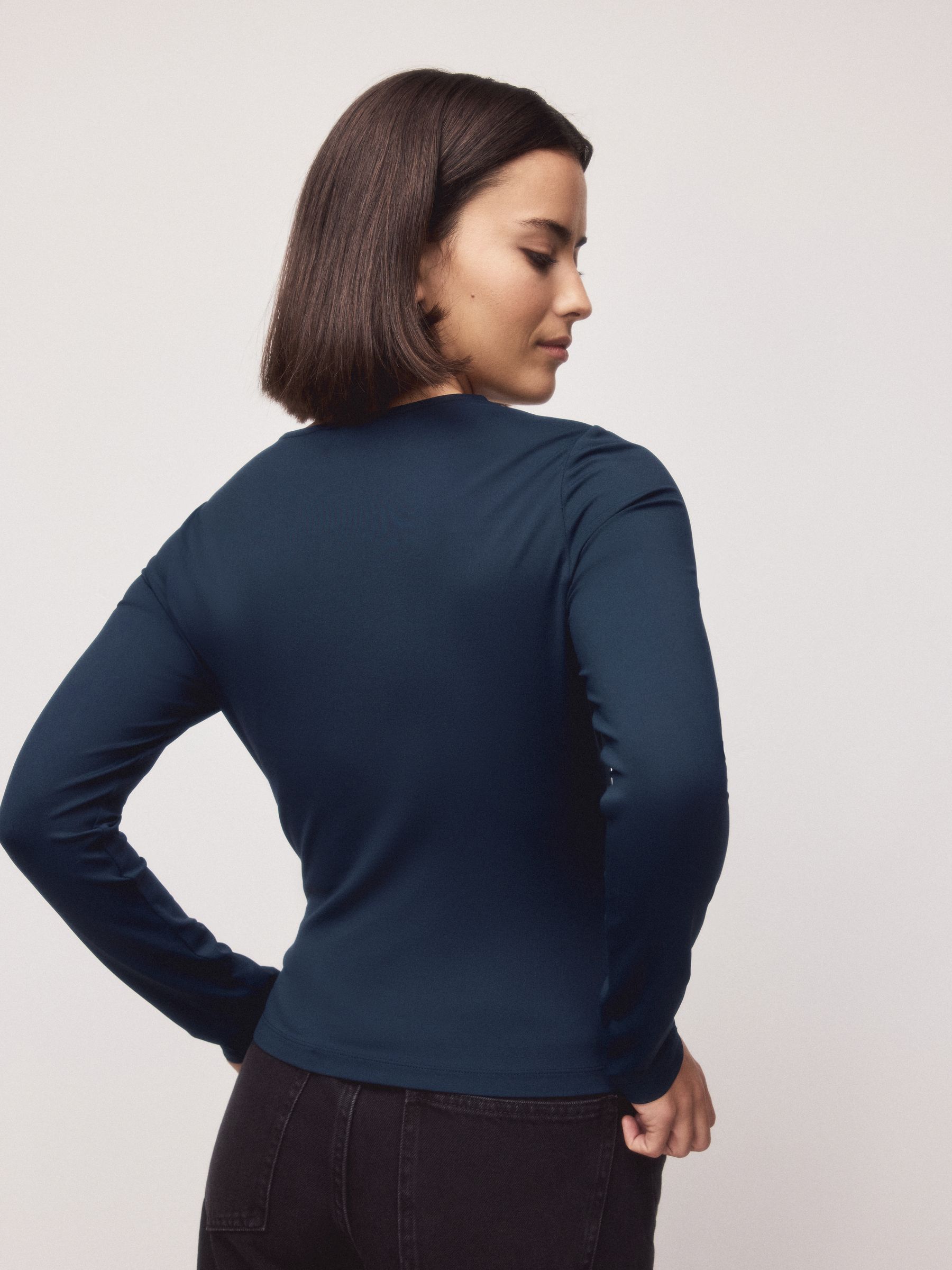 Buy Navy Soft Touch Slinky Nylon Crew Neck Long Sleeve Top from