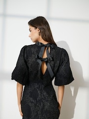 JDY Black Short Puff Sleeve Bow Back Dress - Image 2 of 4