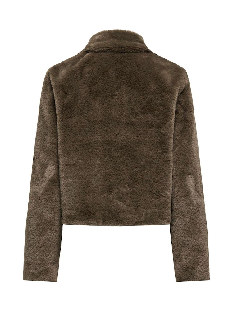 JDY Brown Faux Fur Collared Jacket - Image 2 of 2 JDY Brown Faux Fur Collared Jacket - Image 2 of 2