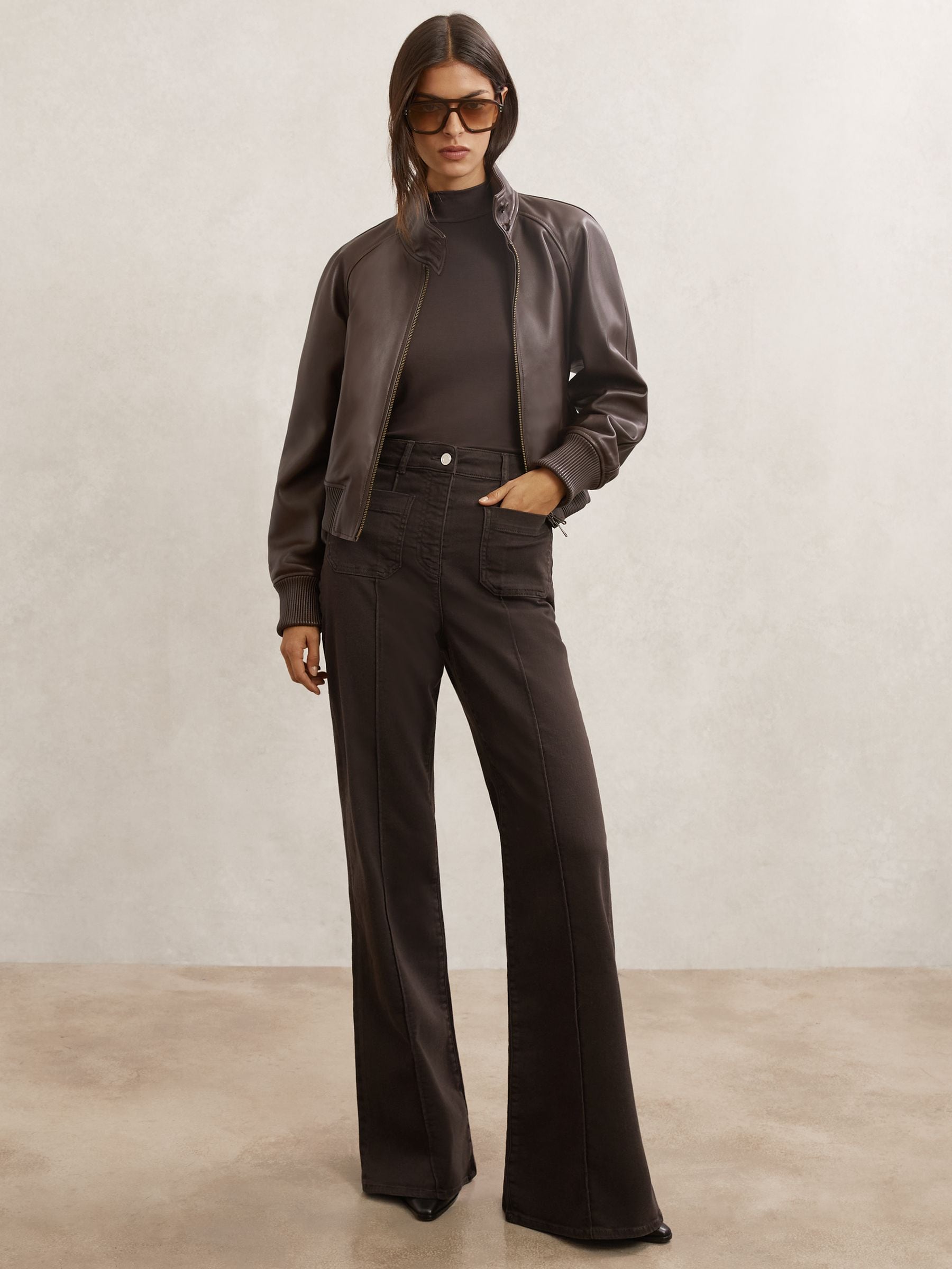 Reiss Chocolate Brown Patch-pocket Flared Jeans