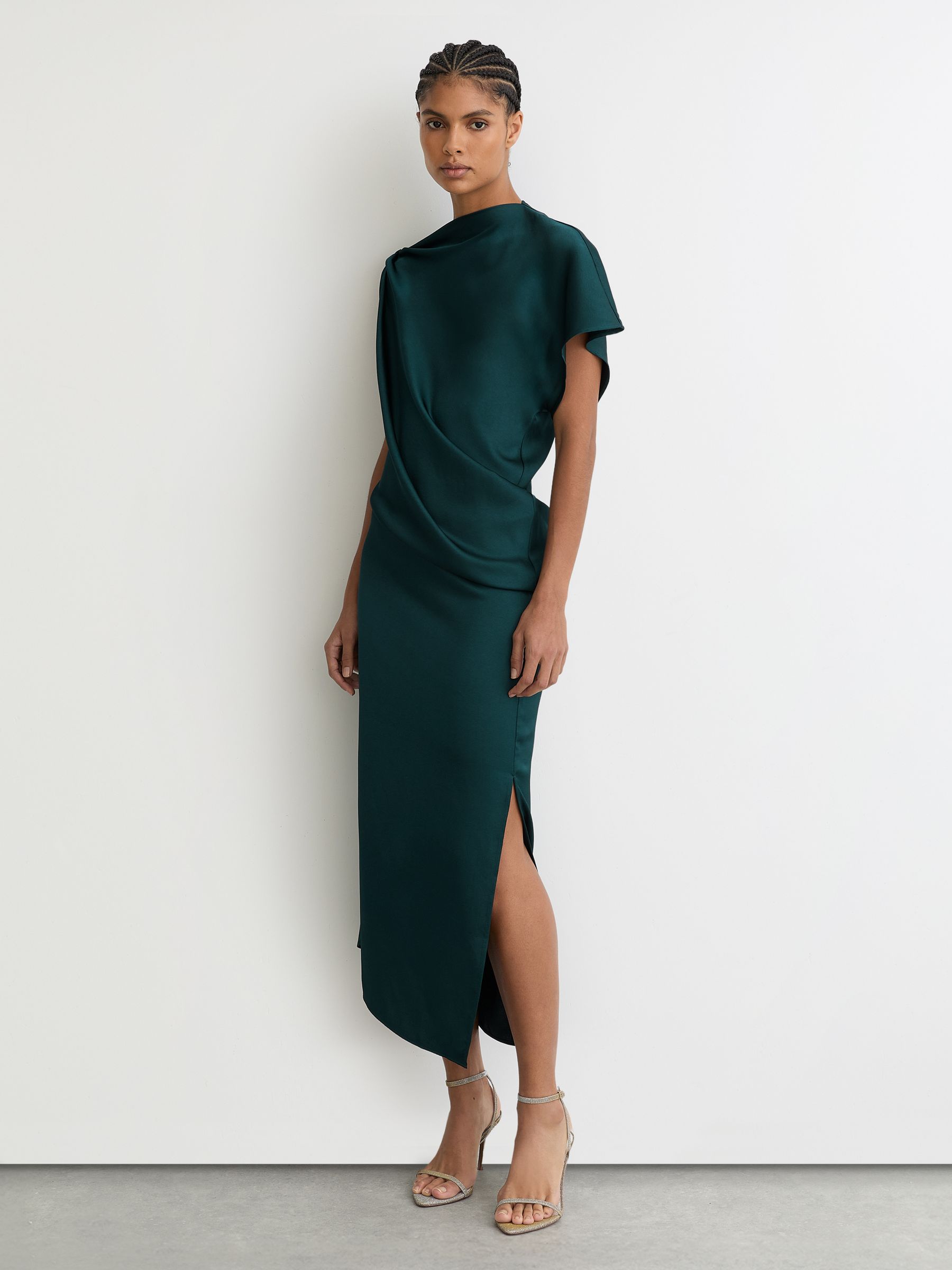 Buy Reiss Teal Green Kenzie Satin Asymmetric Draped Midi Dress