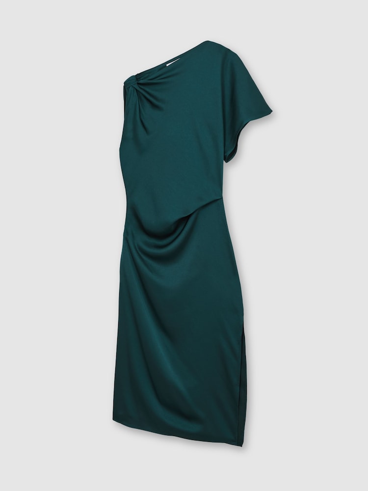 Reiss Teal Green Kenzie Satin Asymmetric Draped Midi Dress - Image 2 of 5 Reiss Teal Green Kenzie Satin Asymmetric Draped Midi Dress - Image 2 of 5