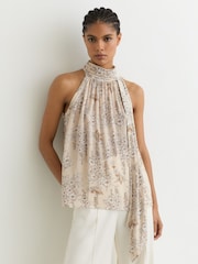 Reiss Cream Josie Floral-Print Scarf-Neck Top - Image 1 of 7