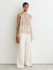 Reiss Cream Josie Floral-Print Scarf-Neck Top - Image 3 of 7