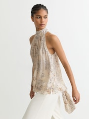 Reiss Cream Josie Floral-Print Scarf-Neck Top - Image 4 of 7