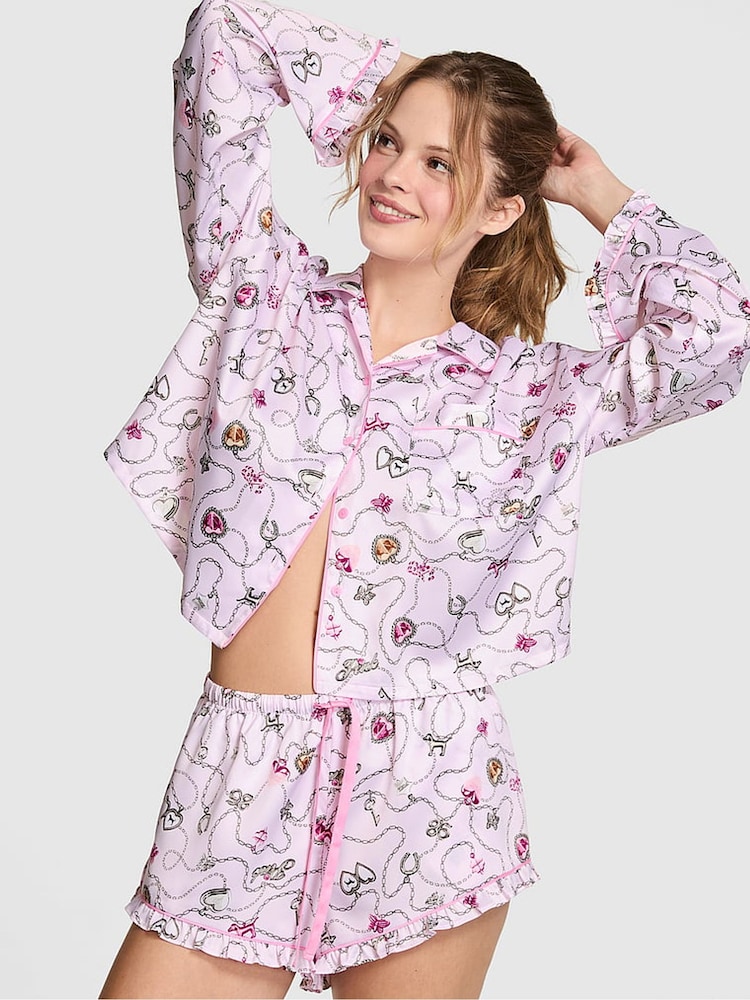 Victoria's Secret Pink Pink Locket Print Satin Long Sleeve Short Pyjama Set - Image 1 of 2 Victoria's Secret Pink Pink Locket Print Satin Long Sleeve Short Pyjama Set - Image 1 of 2