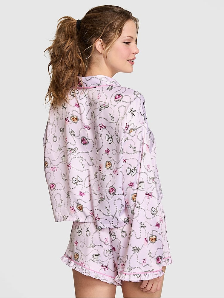 Victoria's Secret Pink Pink Locket Print Satin Long Sleeve Short Pyjama Set - Image 2 of 2 Victoria's Secret Pink Pink Locket Print Satin Long Sleeve Short Pyjama Set - Image 2 of 2