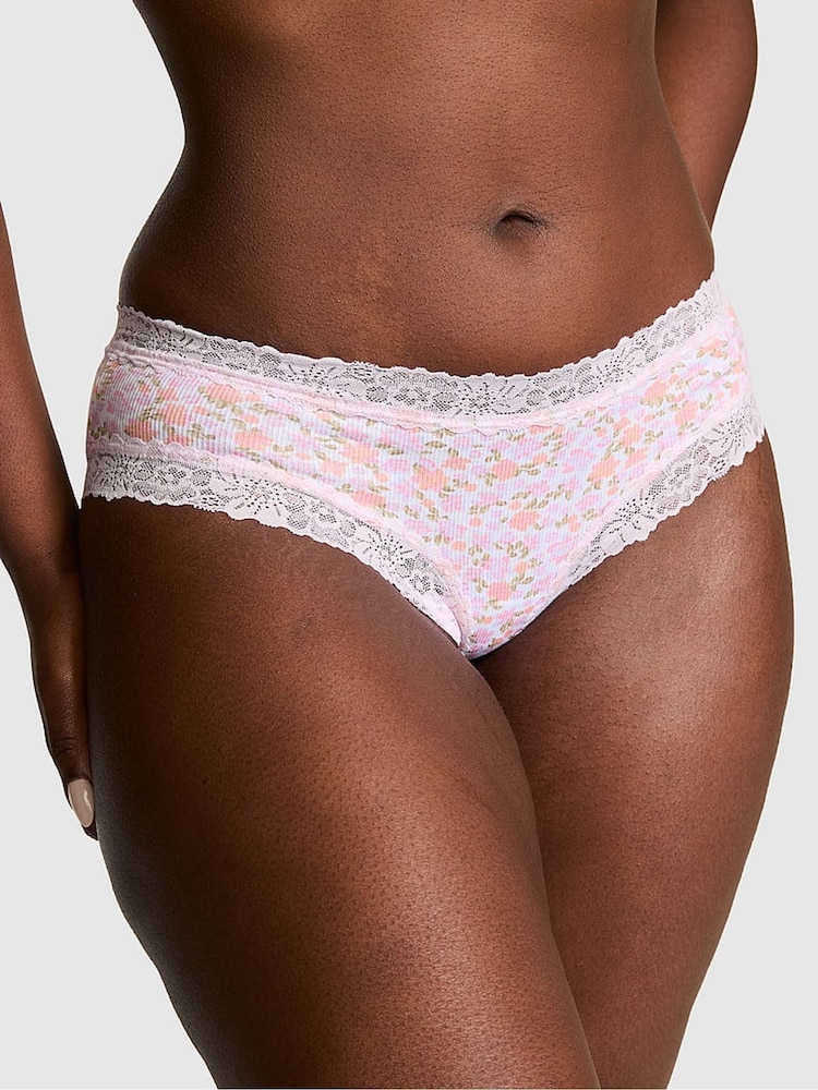 Victoria's Secret PINK Lilac Purple Floral Print Cheeky Lace Trim Rib Knickers - Image 1 of 2